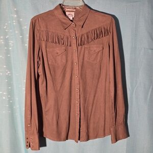 Ariat Fitted Shirt Womens Micro Suede with Fringe Pearl Snap Large EUC